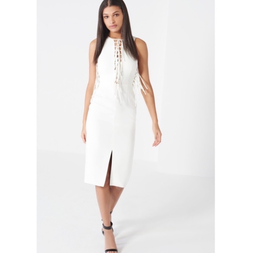 Lavish Alice White Fringe Tie‎ Up Midi Dress